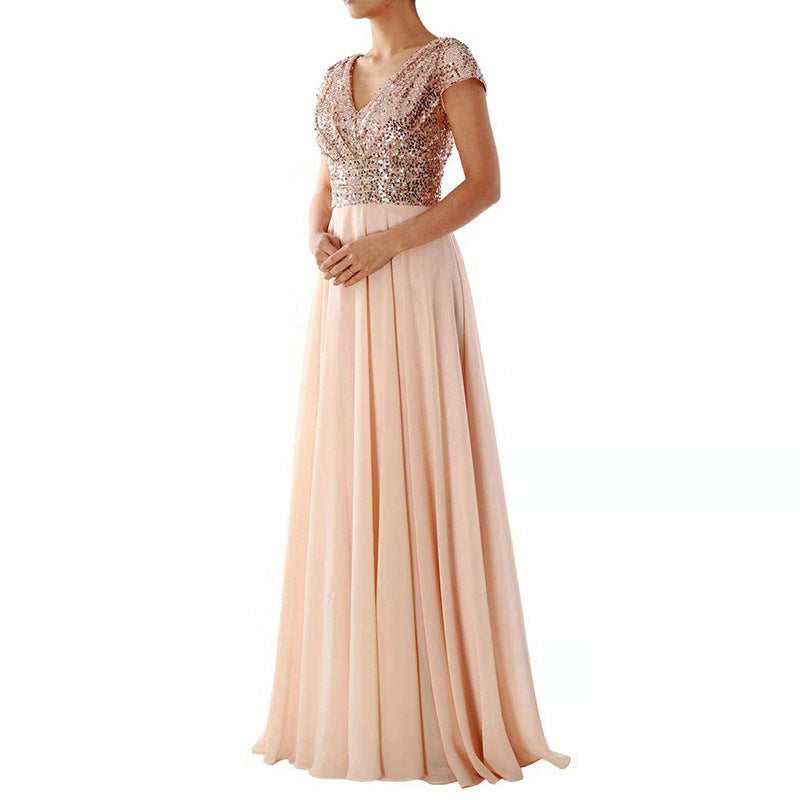 Women Summer V Neck Sequined Chiffon Patchwork Evening Dress 13