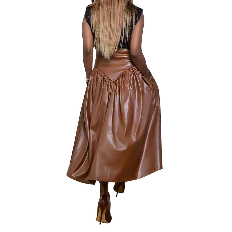 Plus Size Women's Pu Leather Patchwork Long Skirt With Pockets 7