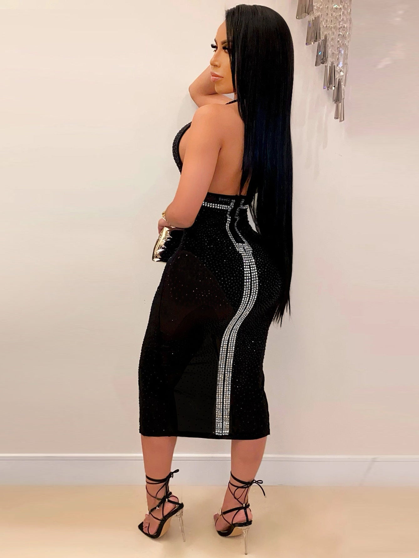 Women Sexy V-Neck Lace-Up Backless Beaded Dress 4