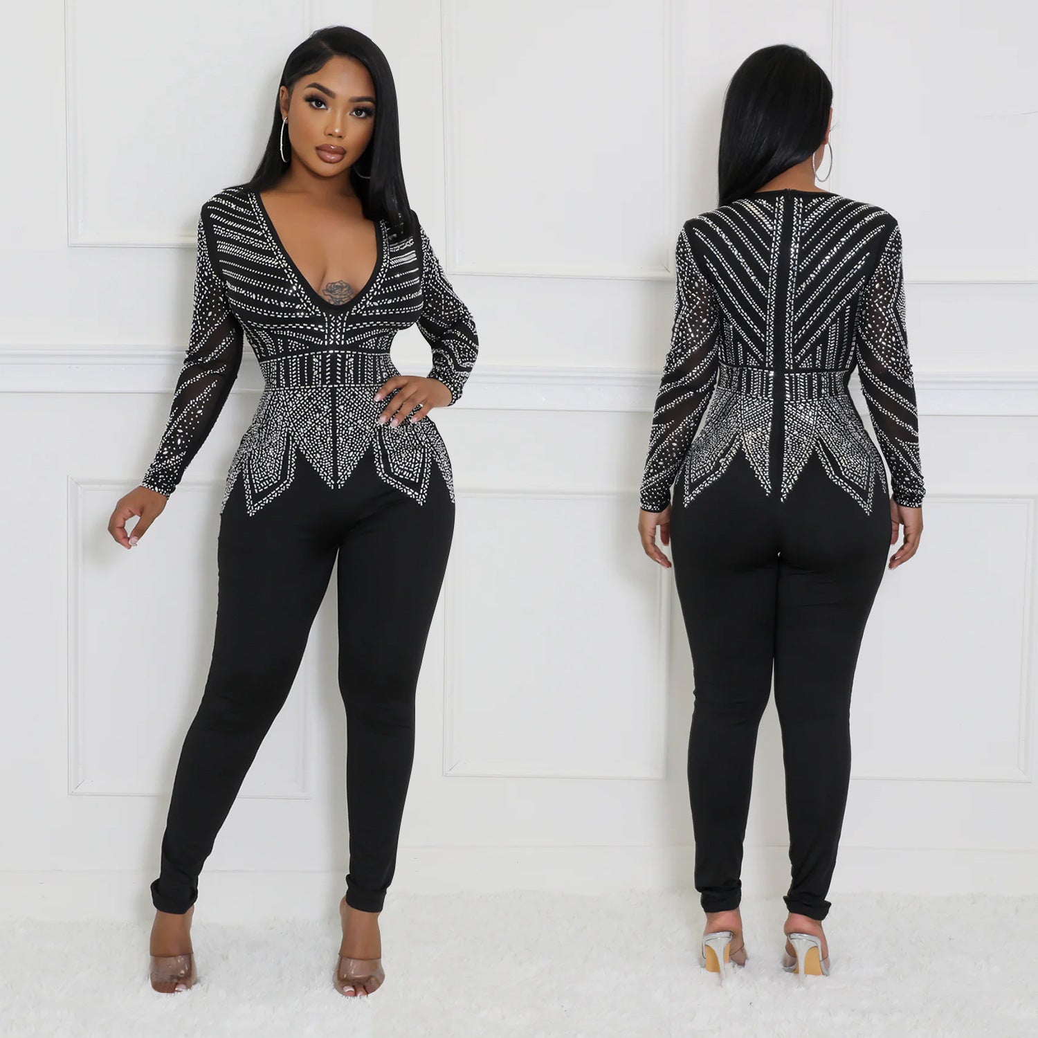 Women Solid V Neck Beaded Long Sleeve Jumpsuit