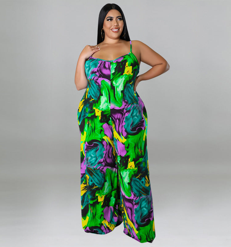 Plus Size Women summer suspender print Jumpsuit with belt 3