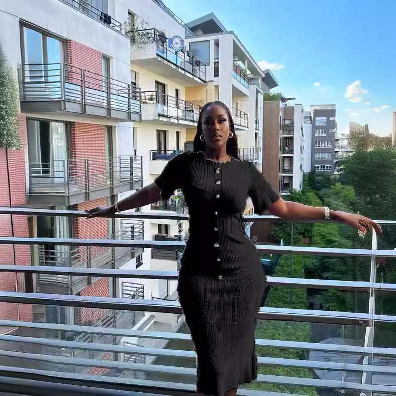 Women Summer Round Neck Short Sleeve Chic Knitting Bodycon Dress 4