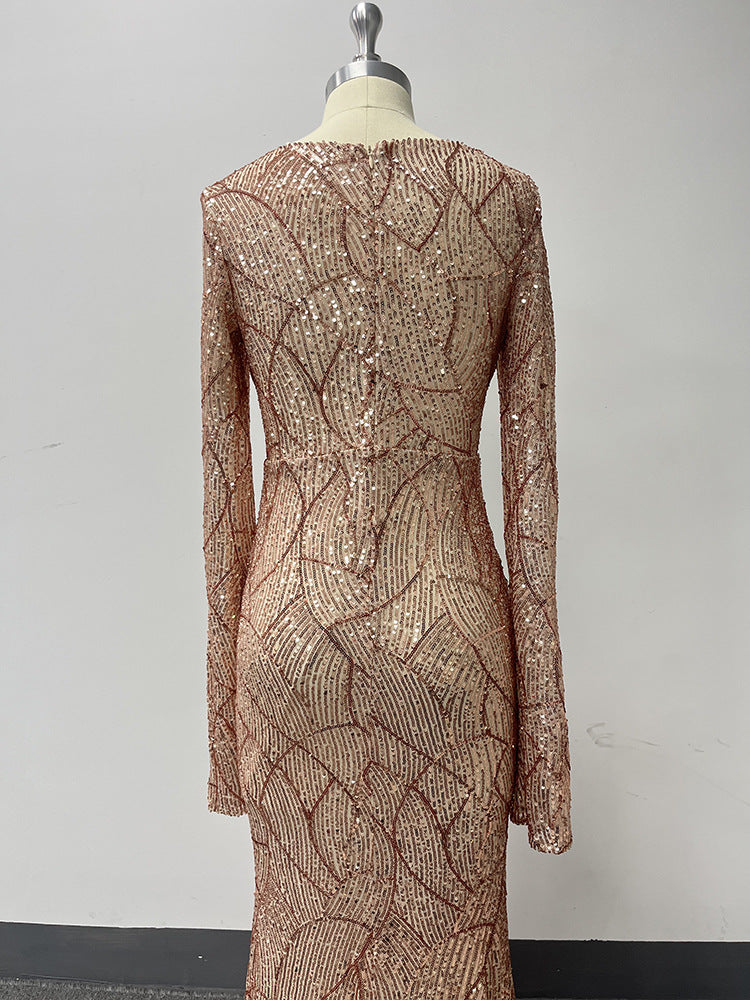 Women's V Neck Slit Long Sleeves Fully Lined Formal Party Mermaid Glitter Evening Dress 12