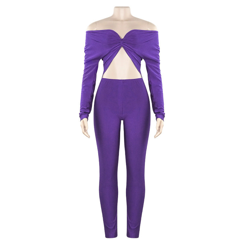 Spring Solid Color V-Neck Off Shoulder Knot Hollow Sexy High Waist Long Sleeve Jumpsuit 19