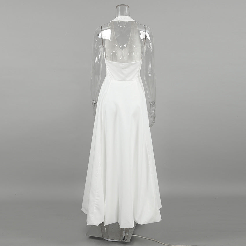 White Sexy Sleeveless Halter Neck Dress Fashion A-Line Maxi Dress for Women 9