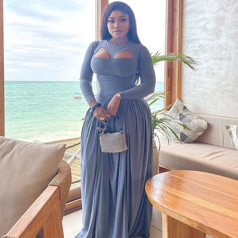 Women's Autumn Fashion Elegant Solid Color Long Sleeve Cut-Out Flared Dress