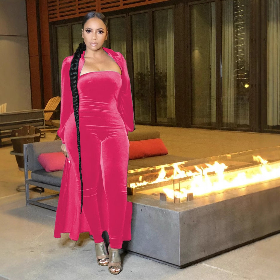 Sexy Velvet Strapless Women Jumpsuit Jacket Two Piece Set 13