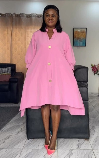 Women Solid Irregular Lantern Sleeve Dress 4