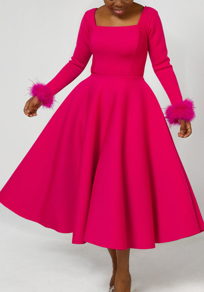 Winter Chic Elegant Fur Decorated Long Sleeve A-Line African Party Dress