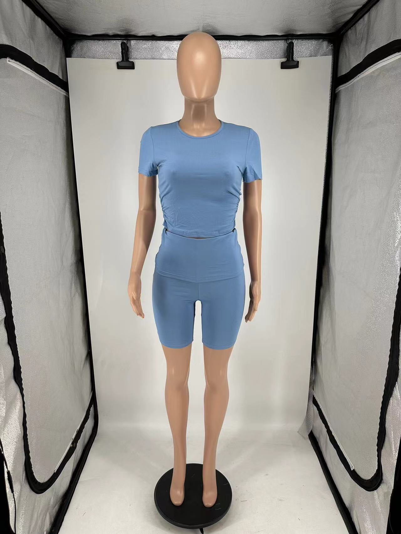 Women's Summer Short Sleeve Round Neck Casual Two-Piece Shorts Set 13