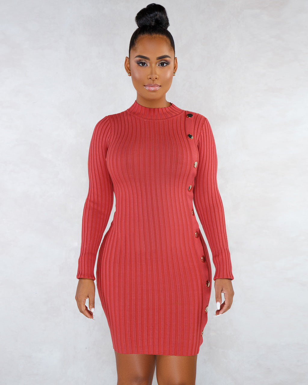 Women Fall and Winter Solid Single-breasted Asymmetric Sweater Dress 4