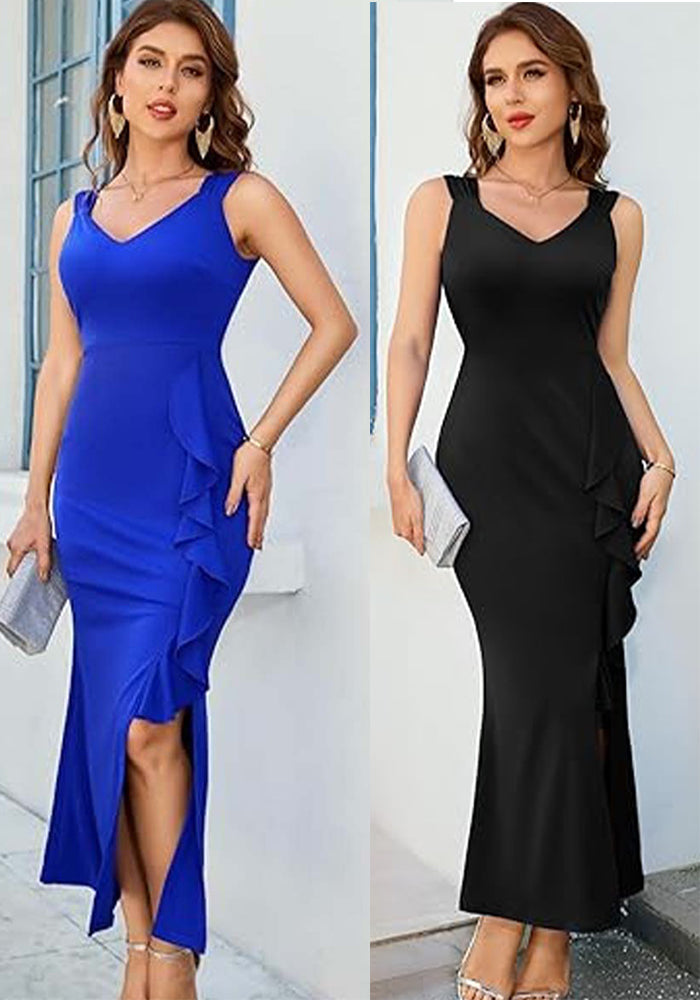 Wide Strap Solid Color Bodycon Sexy Slit Mermaid Evening Gown