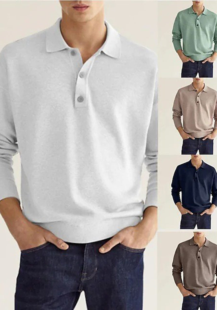 Autumn Long Sleeve V-Neck Button Men's Casual Tops Polo Shirts
