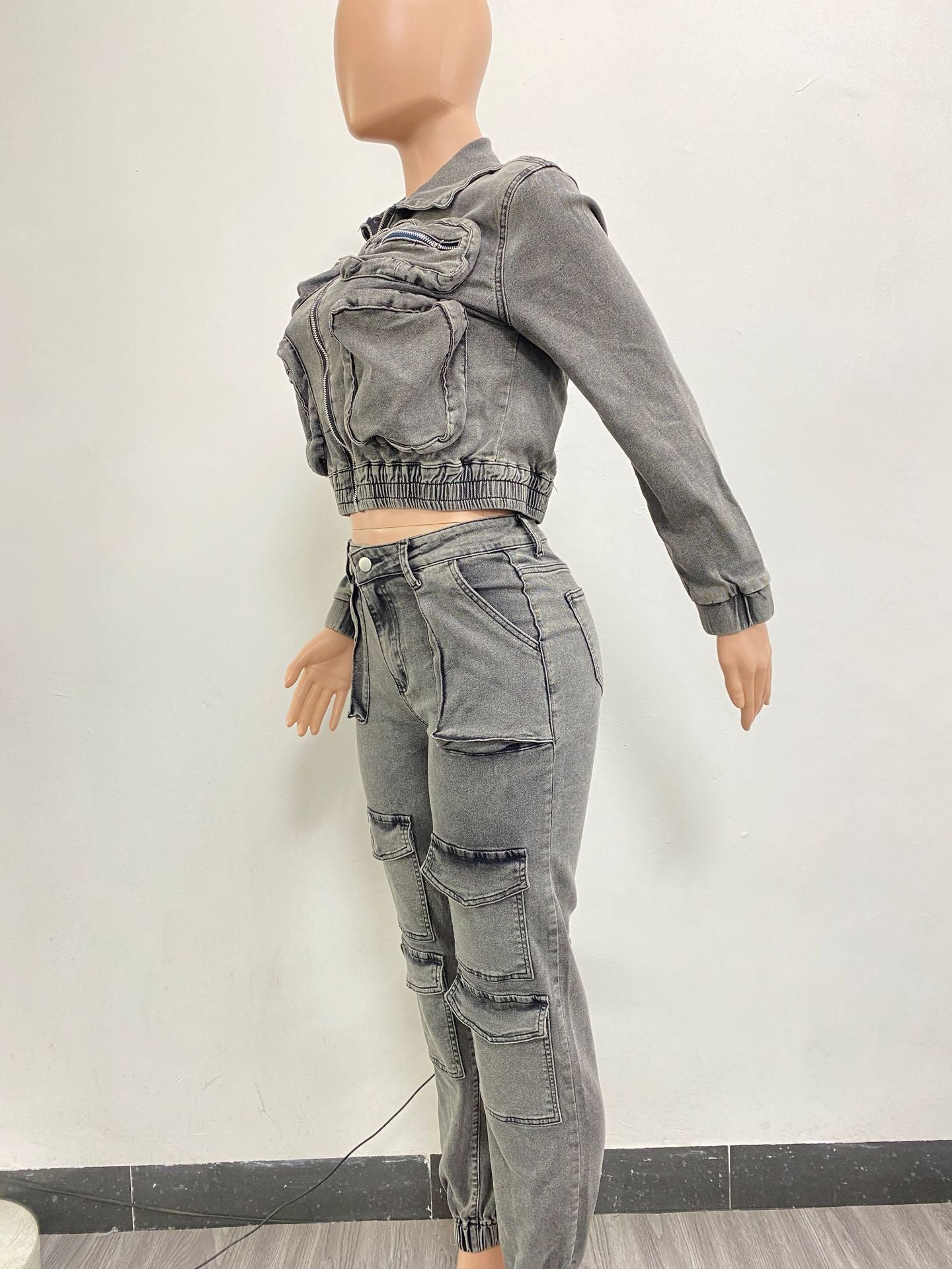 Women Stretch Washed Denim Cargo Top and Pant Casual Two-piece Set 9