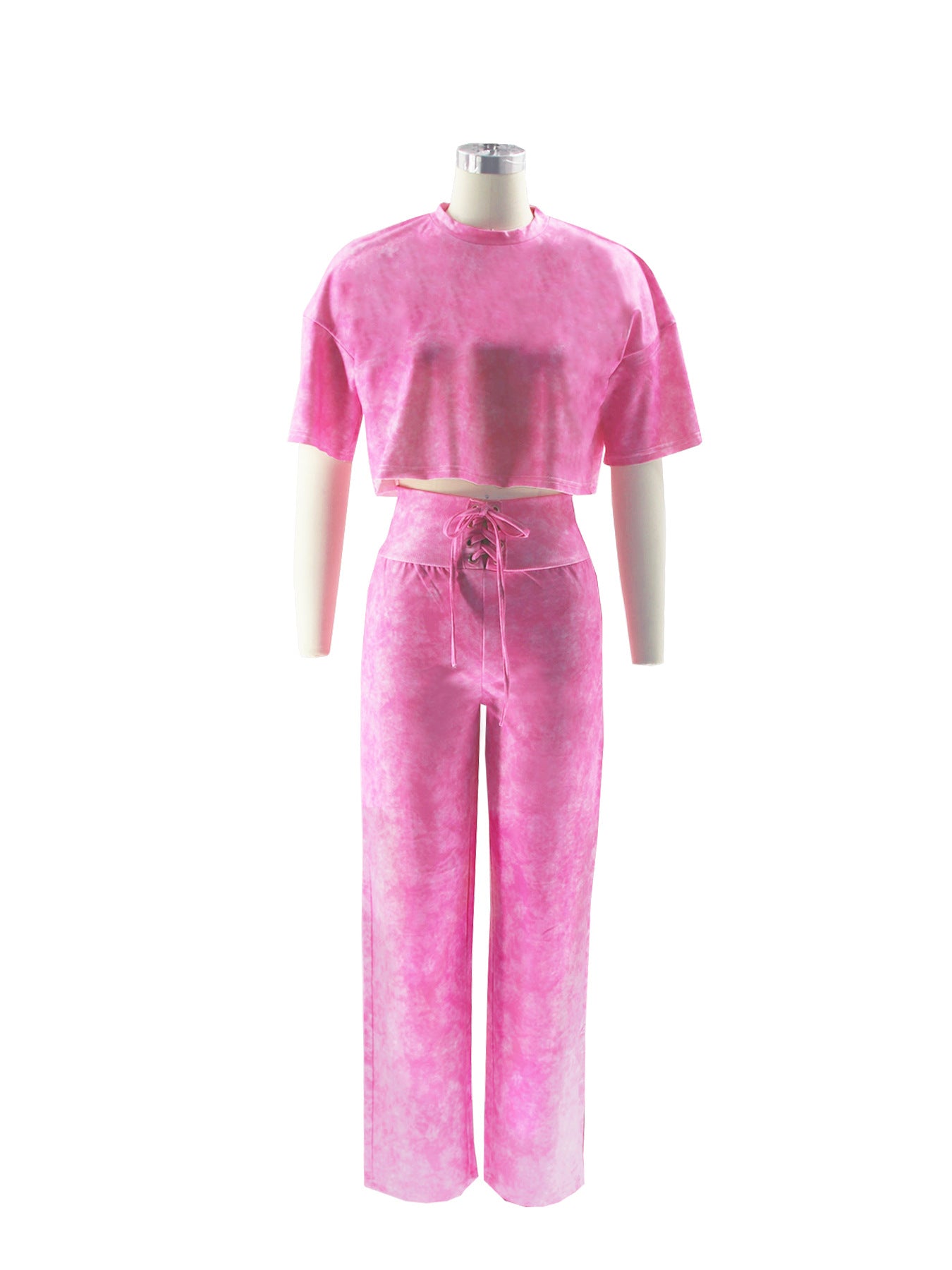 Women Casual Round Neck Top Lace-Up Pant Two-piece Set 10