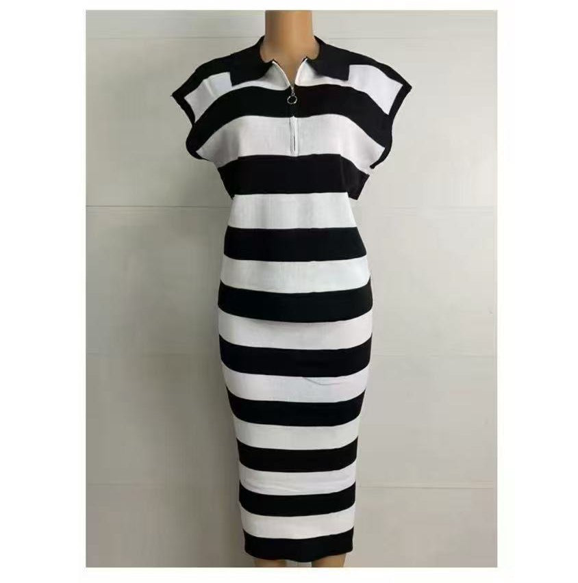 Trendy Striped Long-Sleeve Knit Sweater & High-Waist Bodycon Skirt Set 7