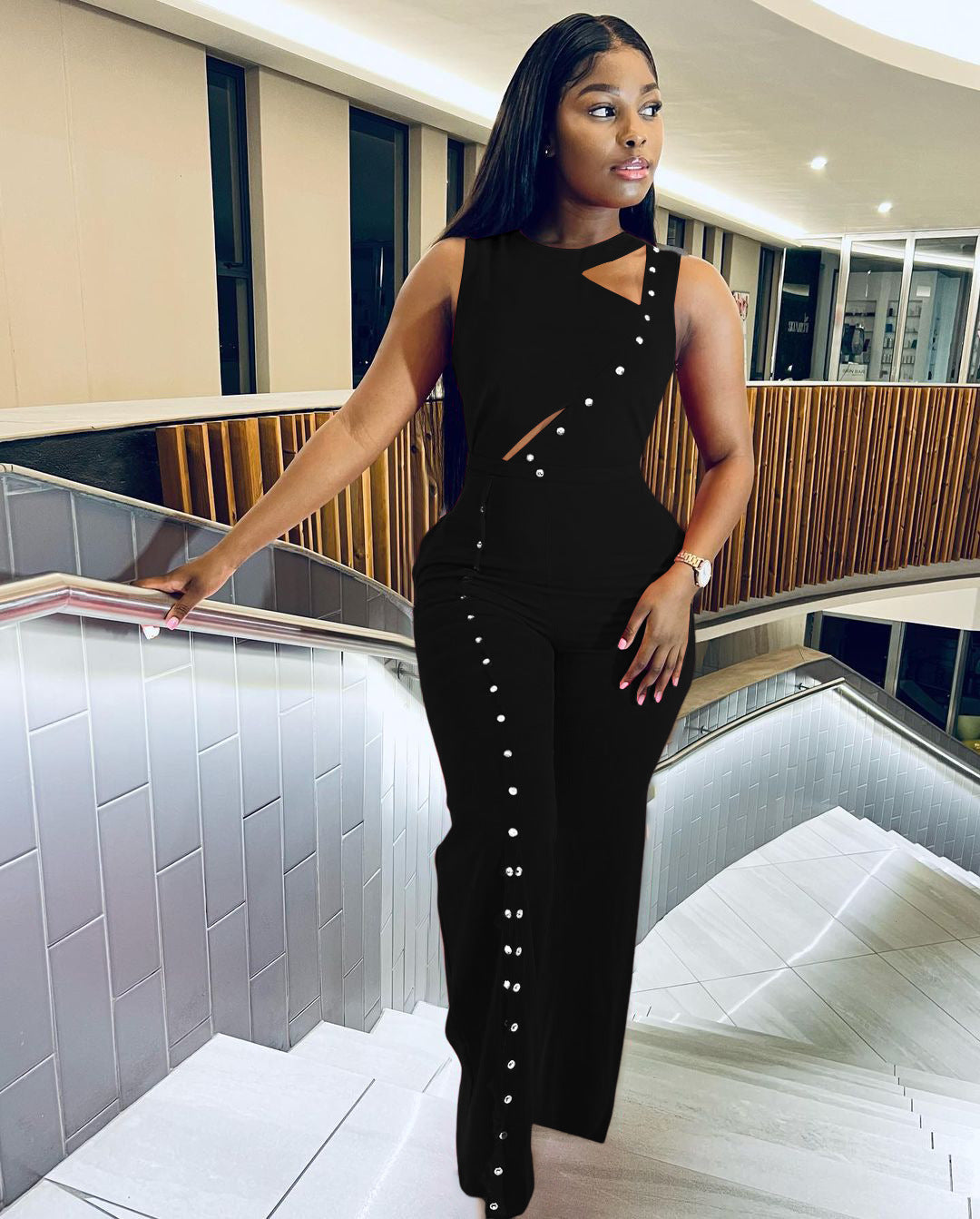 Women Summer Sleeveless Slit Loose Jumpsuit 3