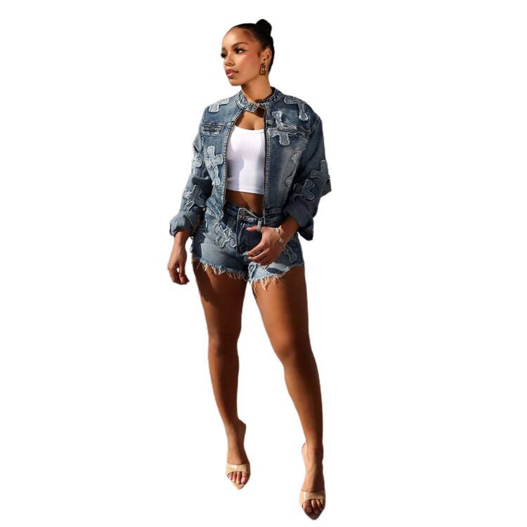 Women Denim Embroidered Cross Stretch Top and Shorts Two-piece Set 6