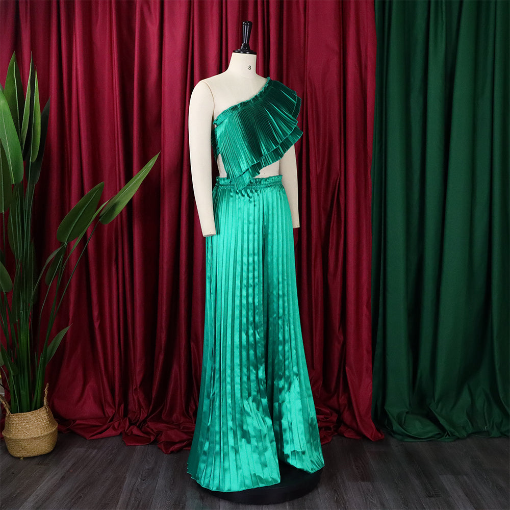 Women's Slash Shoulder Low Back Ruffled Sexy Top Pleated Wide Leg Pant Two-Piece Set 17