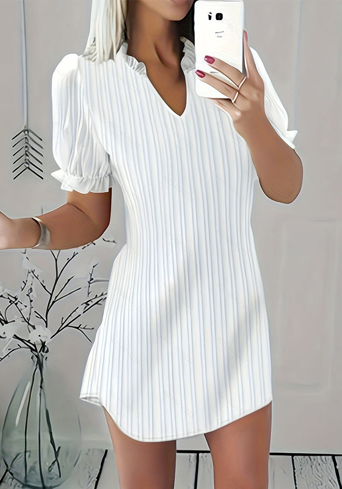 Autumn Fashion Solid Color V-Neck Ruffle Dress For Women