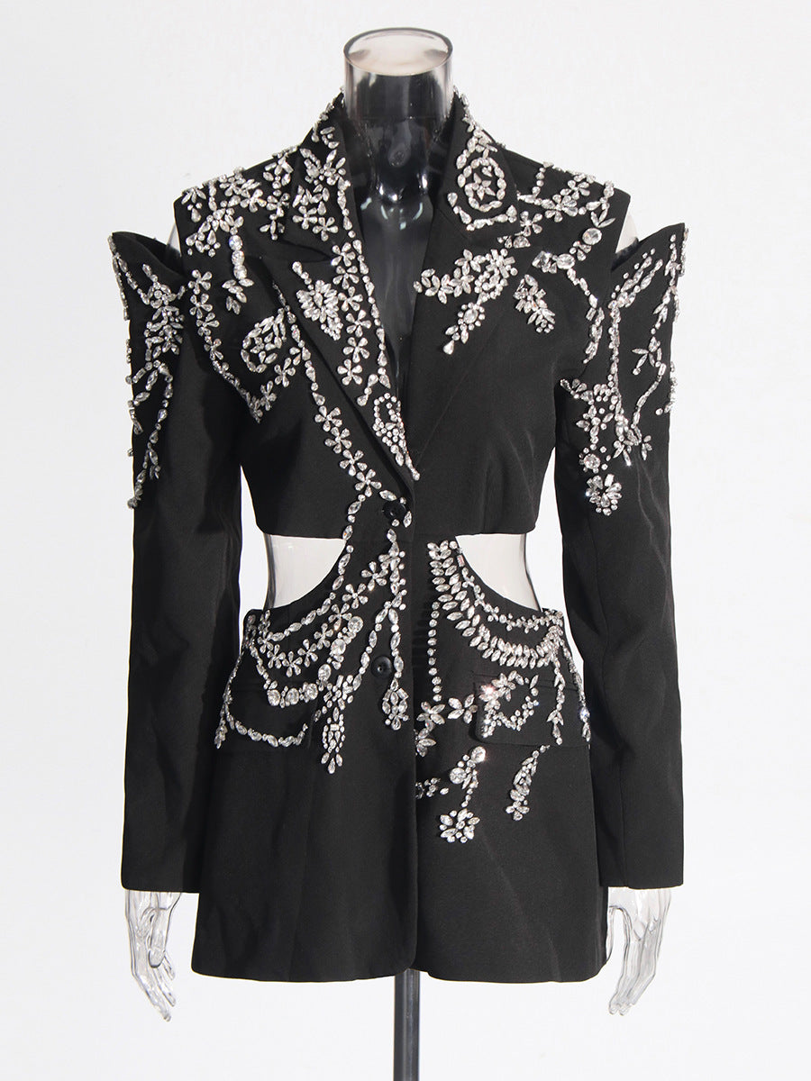 Women rhinestone beaded Open Waist long sleeve Blazer 3