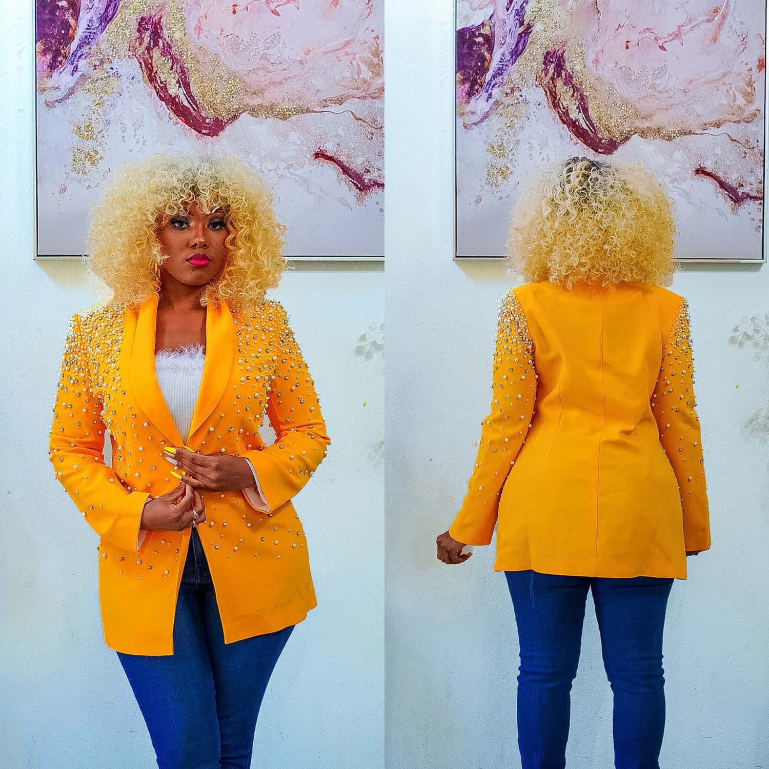 Women's Fashion Solid Color Beaded Turndown Collar Long Sleeve Blazer 7