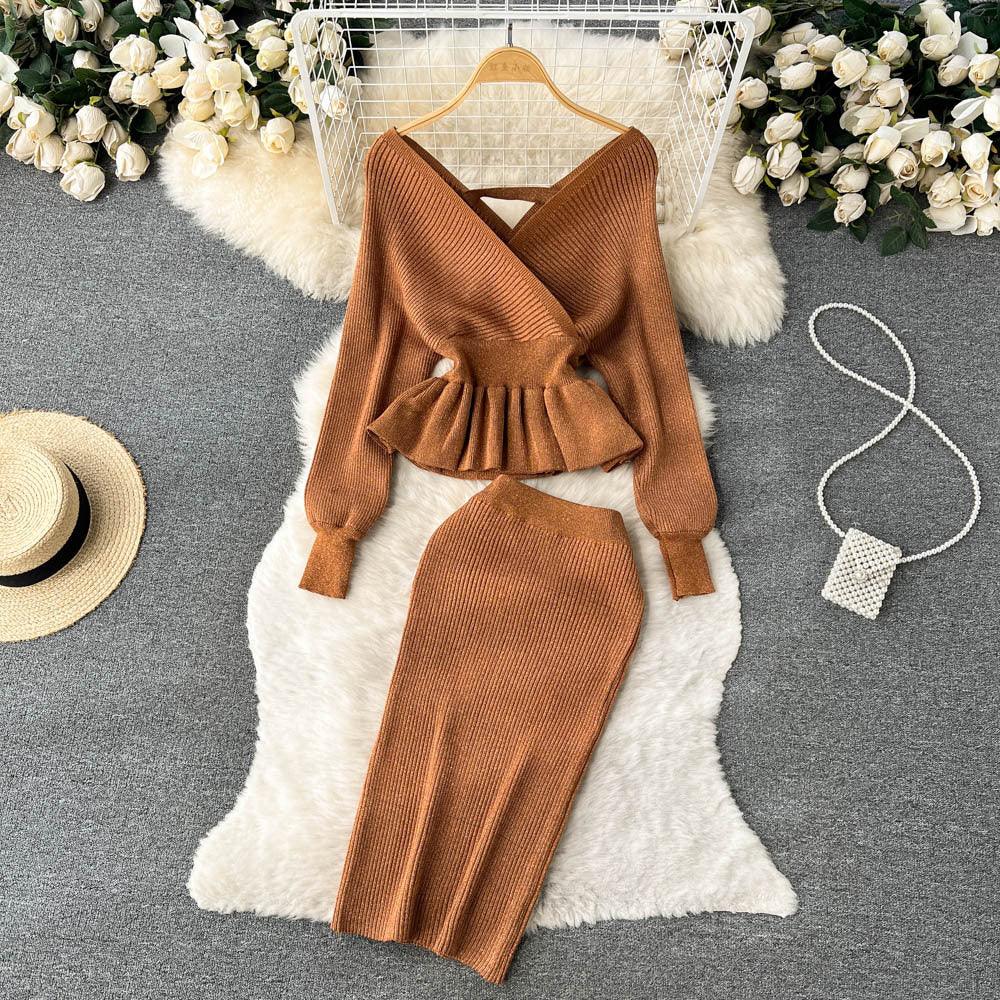 Autumn And Winter Style Suit For Women V-Neck Ruffled Short Knitting Shirt Bodycon Skirt Two-Piece Set 18