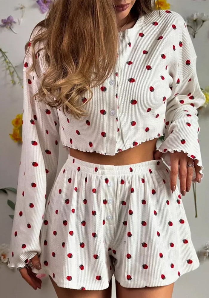 Autumn Knitted Women's Home Clothes Printed Short & Long Sleeve top  Two-Piece Loose Pajamas