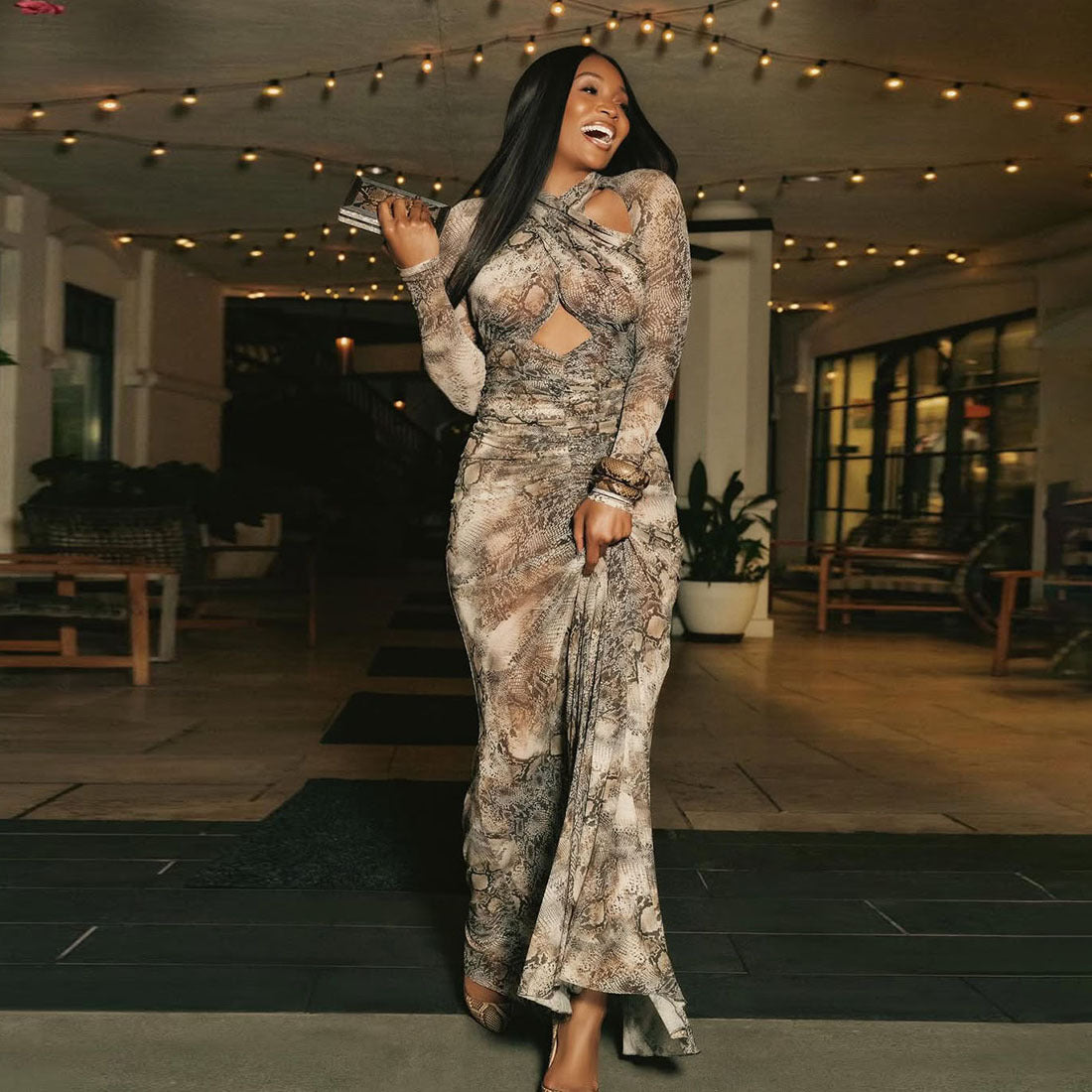 Women Fall Hollow Halter Neck Style Printed Sexy Dress 3