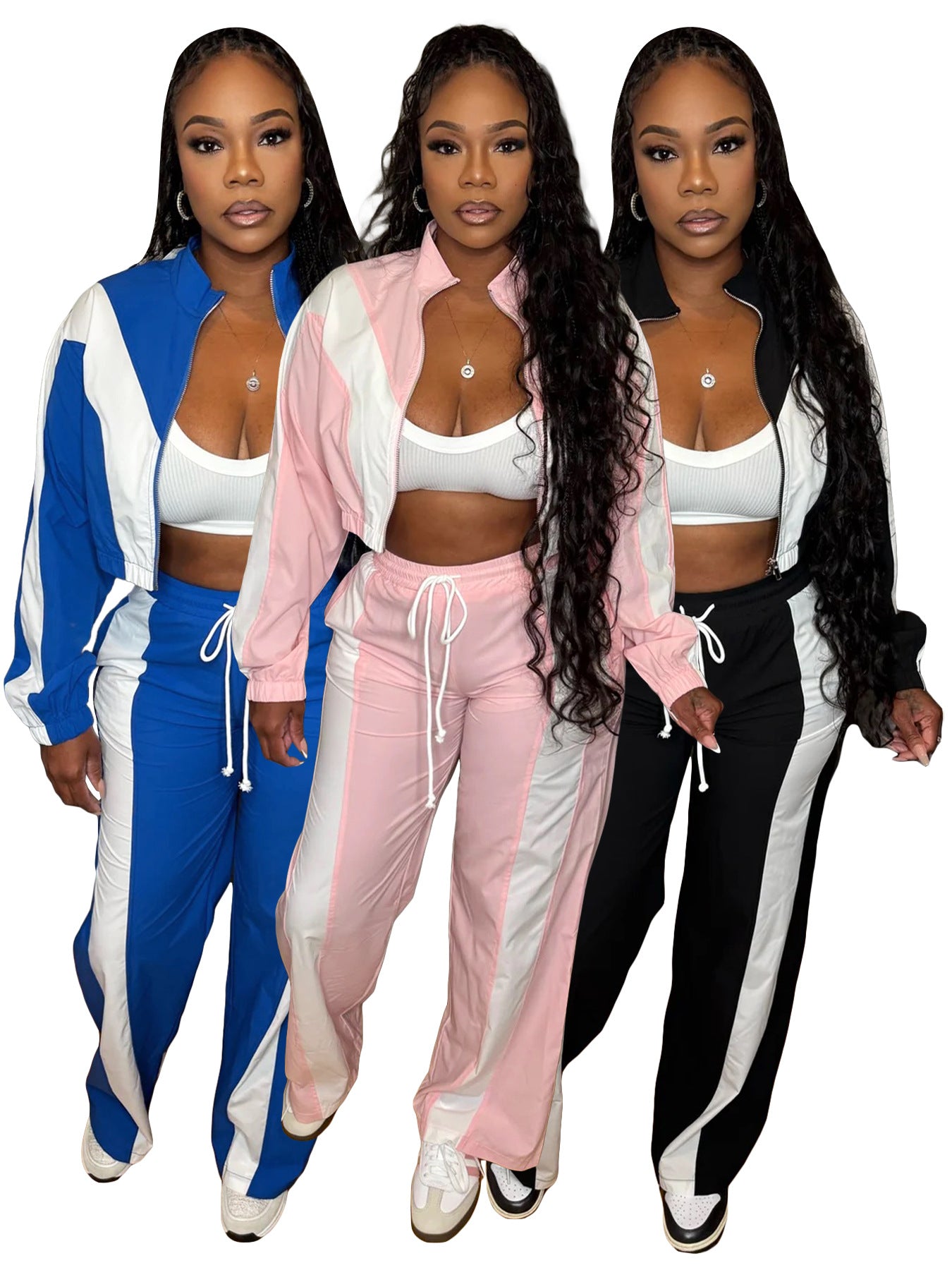 Women's Fashion Color-Blocking Zipper Cardigan Wide-Leg Drawstring Sport Pants Two-Piece Set 5
