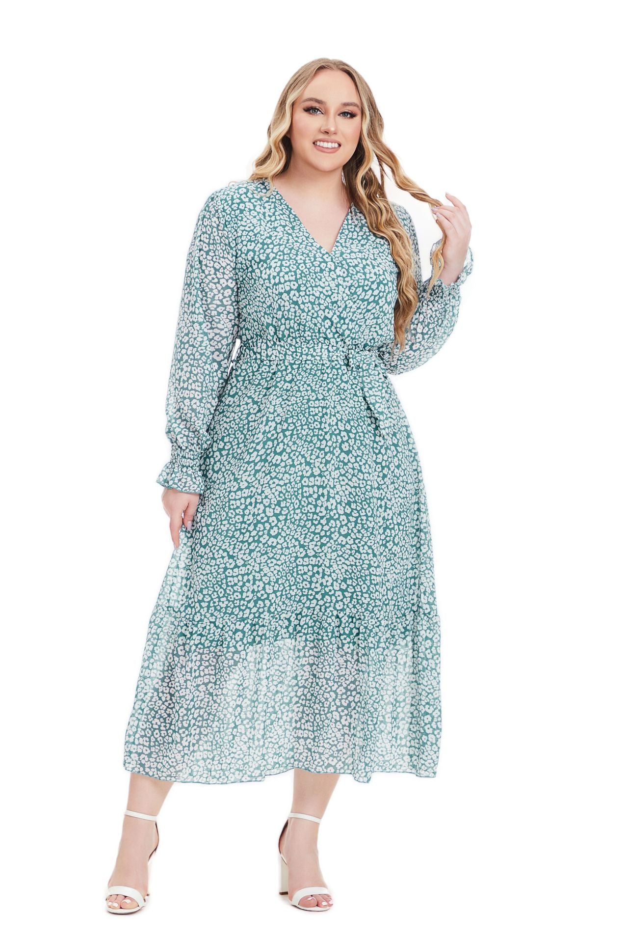 Plus Size Women Fall Long Sleeve Floral Dress 10