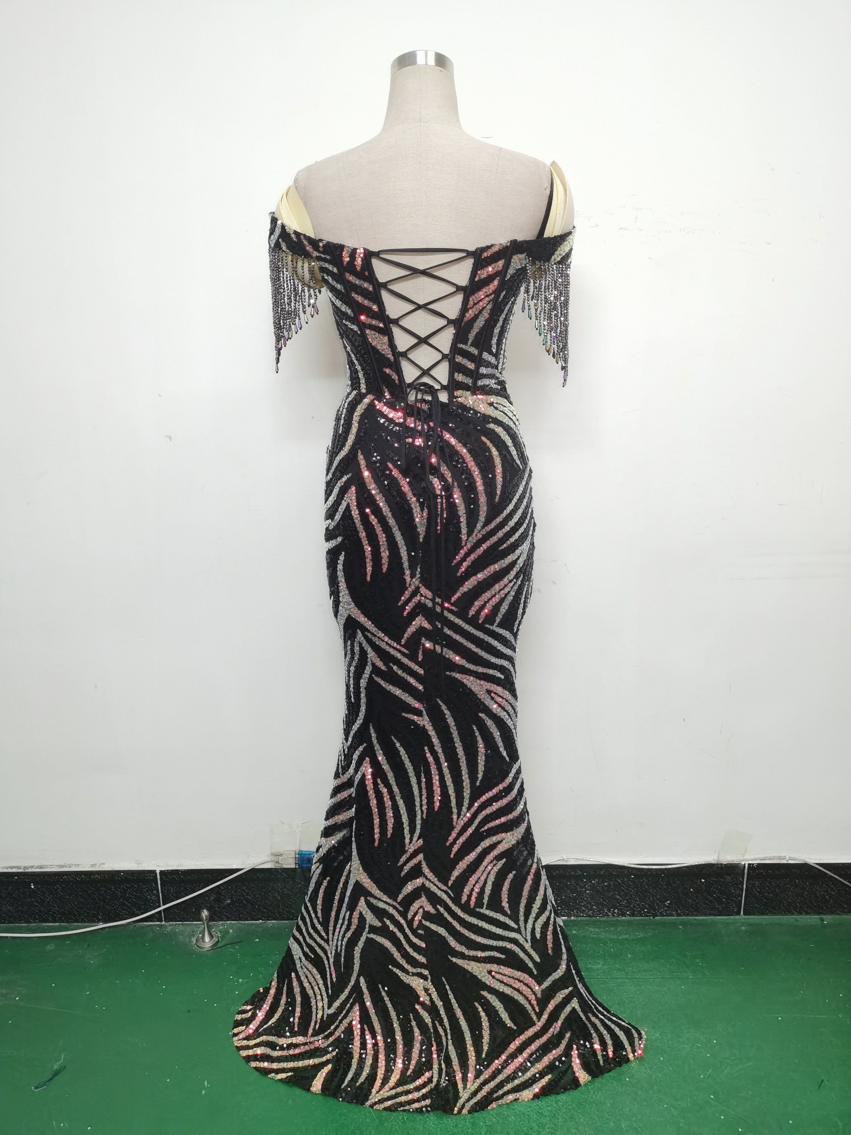 Off Shoulder Tassels Fishbone Slim Waist Lace-Up Sequin Evening Dress 26