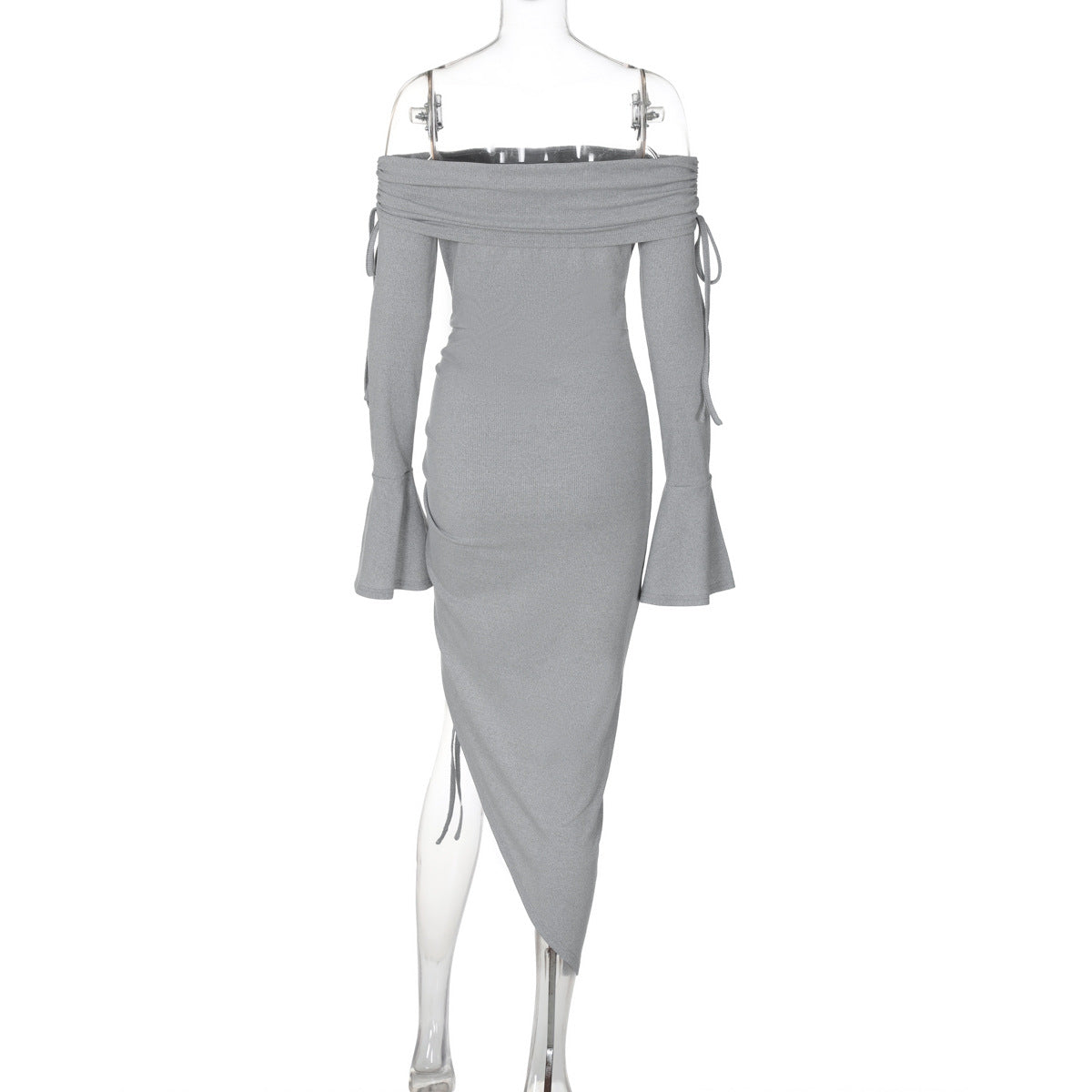 Women Ruffled Autumn Ribbed Sexy Off Shoulder Slit Bell Bottom Sleeve Dress 8