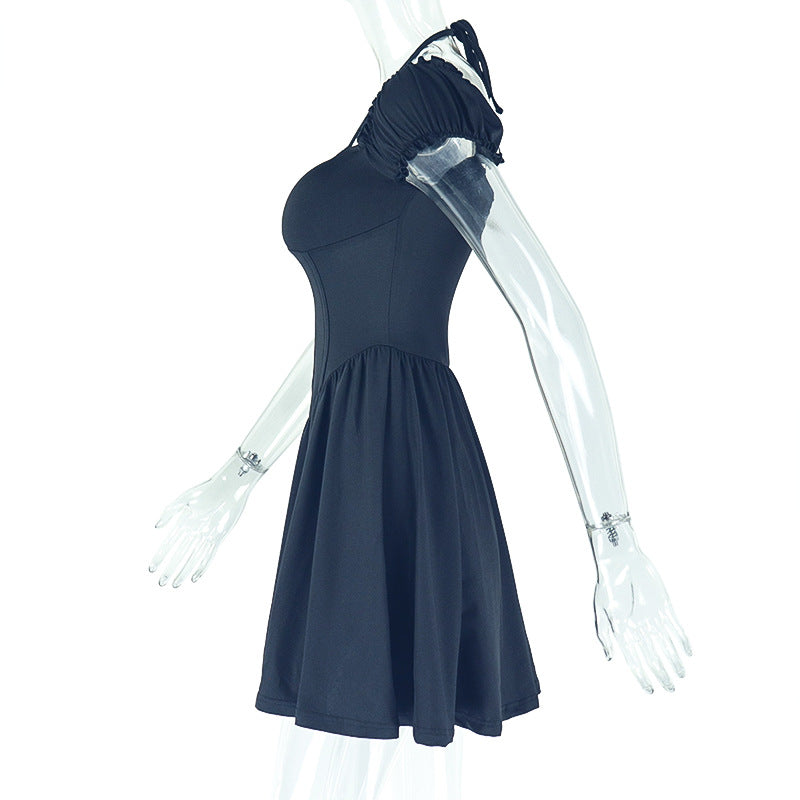 Women's Elegant Chic Solid Slim-Waist Pleated Halter Neck V-Neck Short Dress 7