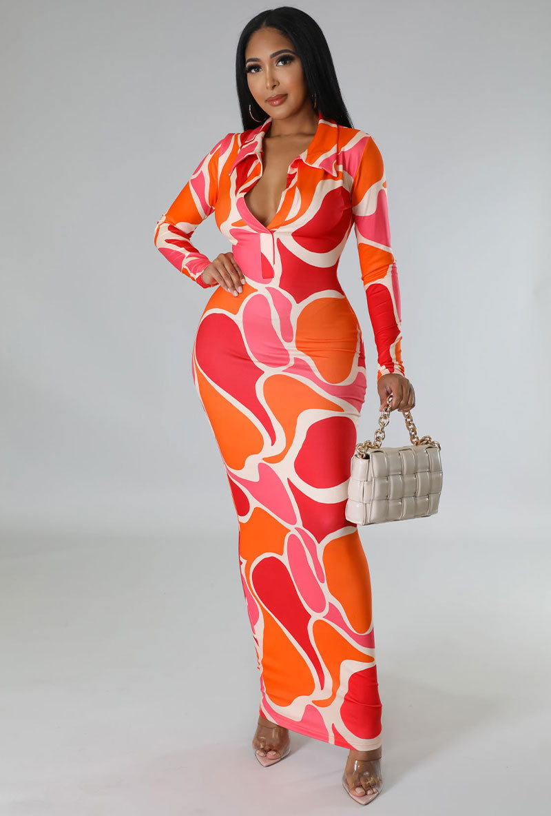 Women Long Sleeve Printed Bodycon Maxi Dress 3