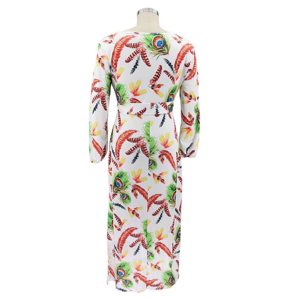 Plus Size Women Feather Print Sexy Slit Dress 14