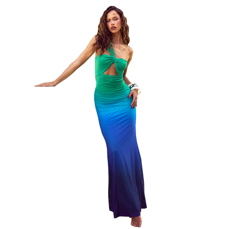 Women's Summer Chic Elegant One Shoulder Hollow Gradient Slim High Waist Long Dress 6