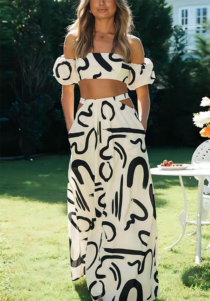 Women's Summer Puff Sleeve Top Hollow Long Swing Skirt Two Pieces Set