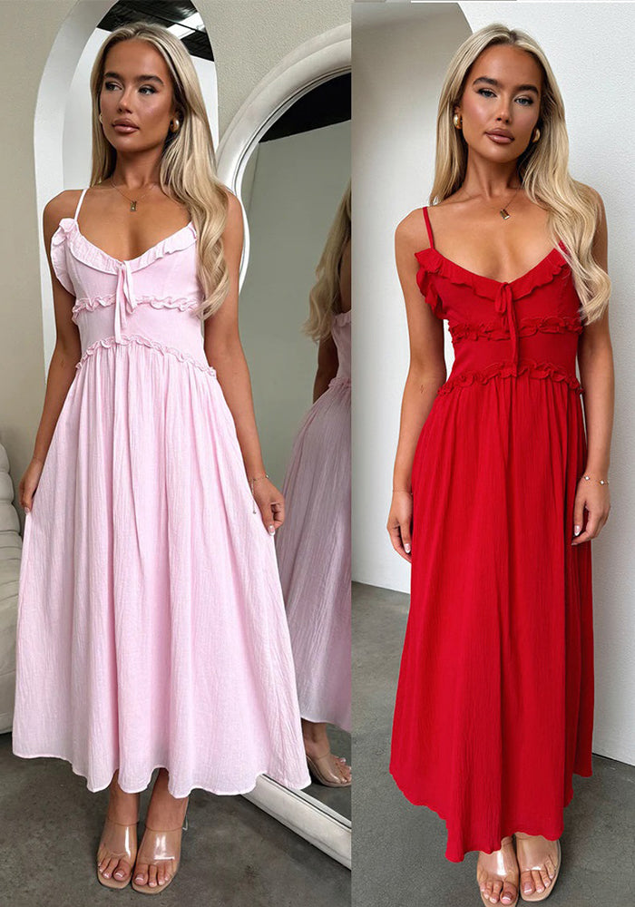 Spring Summer Women Strap Ruffle Casual Loose Holidays Dress