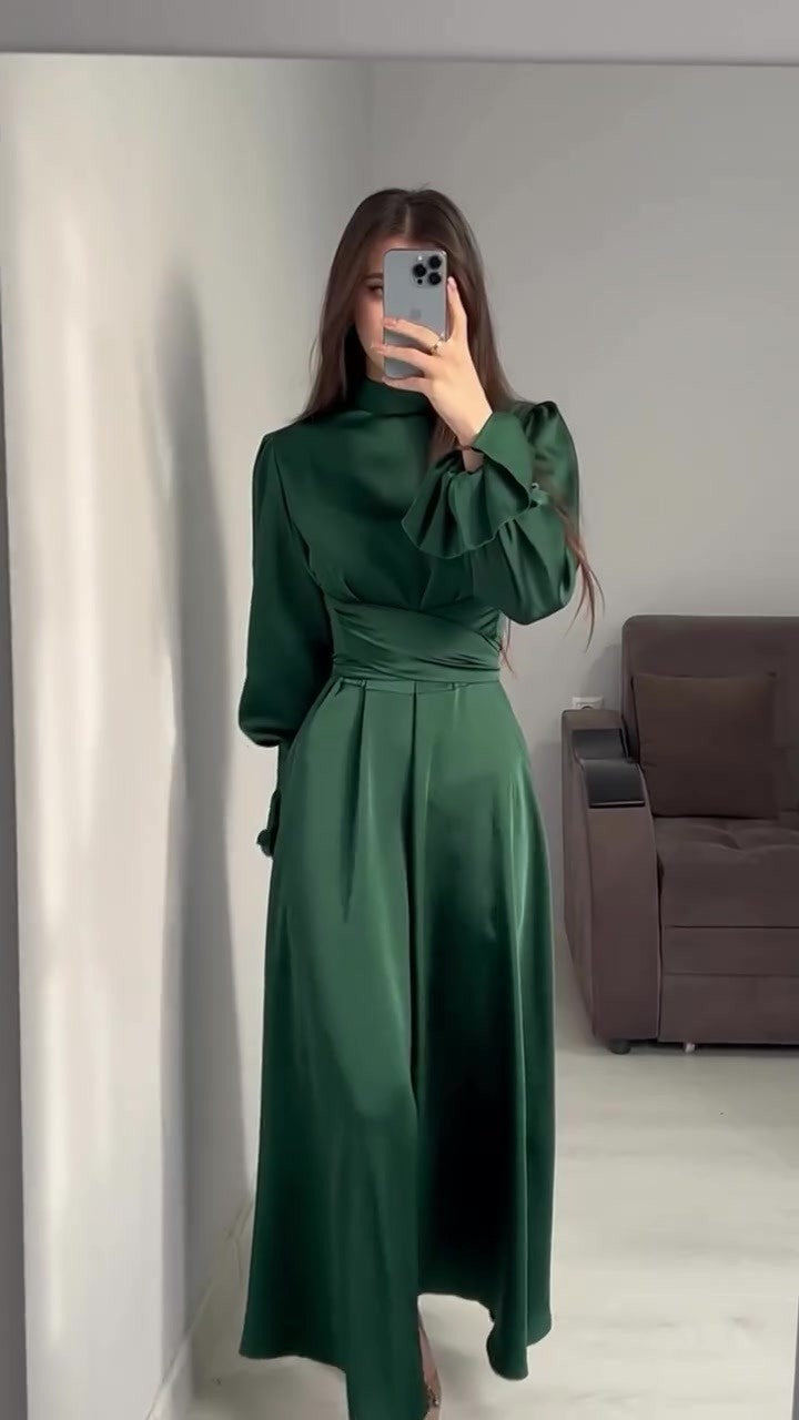 Spring And Autumn Long Sleeve Slim Waist Puff Sleeve Solid Color Satin Dress 3