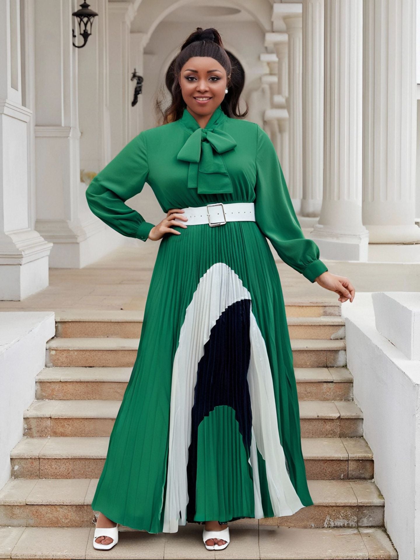 Plus Size Women lace-up long sleeve color matching pleated dress 5