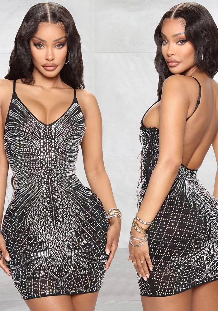 Women Sexy Suspender Beaded Backless Bodycon Dress