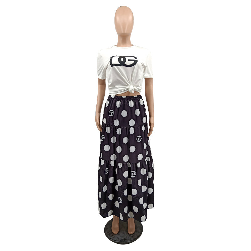 Women's Fashion Sexy Short Sleeve T-shirt Elegant Chic Print Flared Skirt Two-Piece Set 14