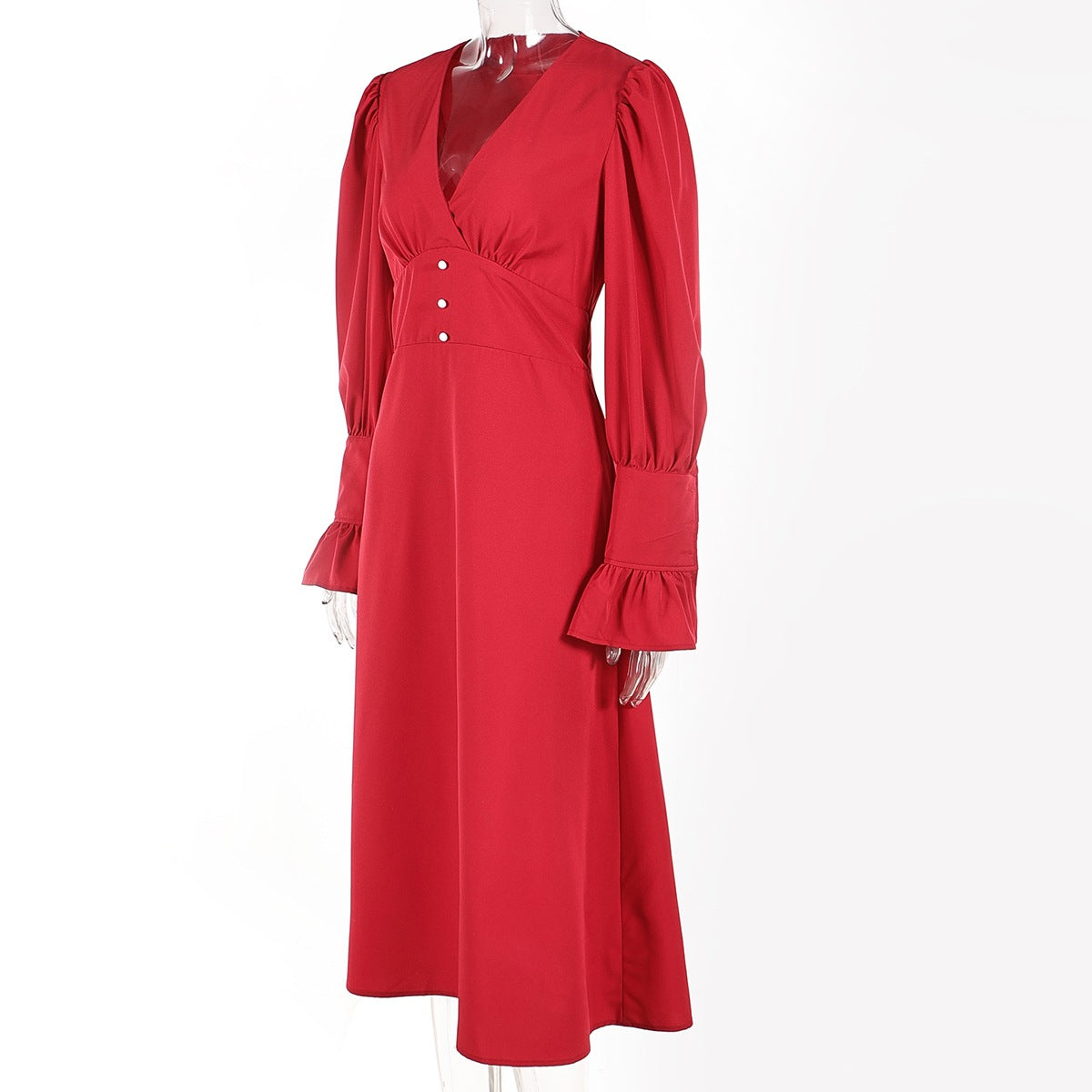 Women Sexy Puff Sleeve V-Neck Dress 8