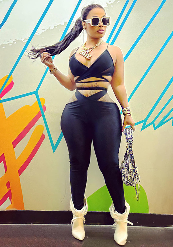 Women Summer Hollow Sexy Sleeveless Suspender Top and Pants 2-piece Set