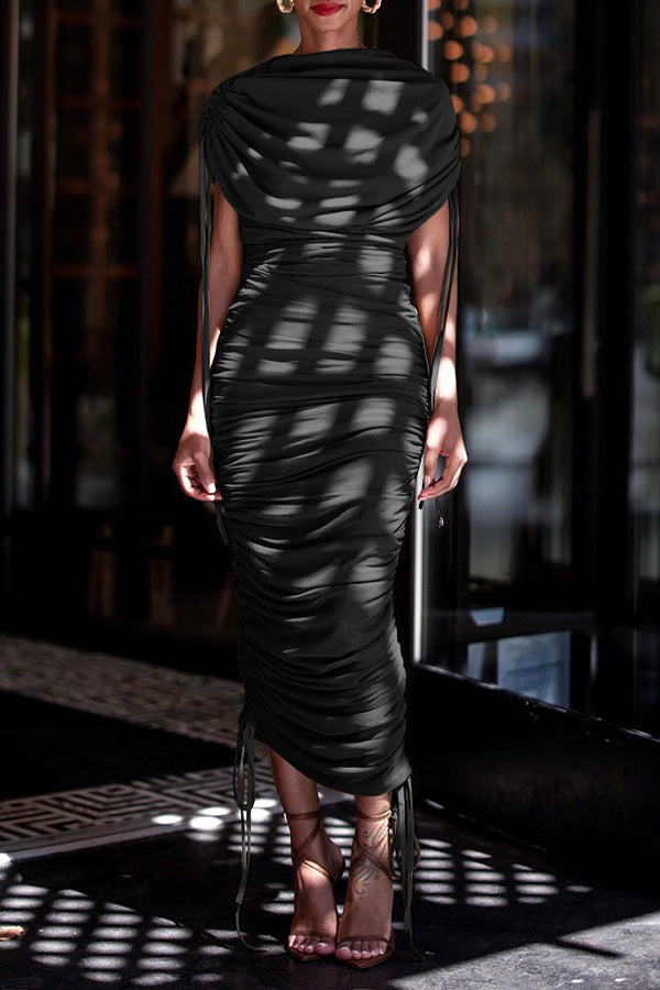 Women Solid Pleated Drawstring Zip Irregular Dress 7