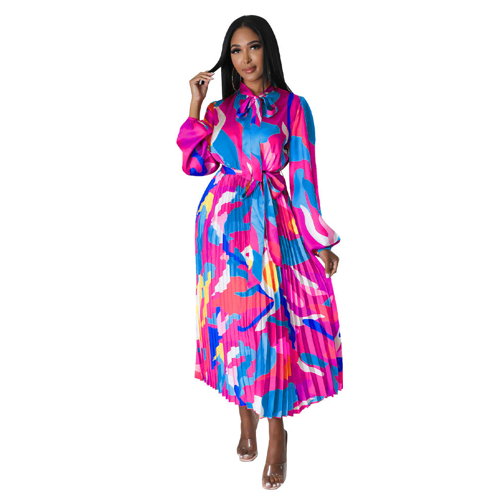 Women's Tie Long Sleeve Printed Pleated Dress 13