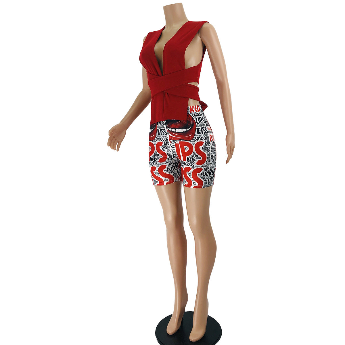 Spring/Summer Women's Halter Neck Wrapped Vest Lip-Letter Print Shorts Sexy Two-Piece Set 5