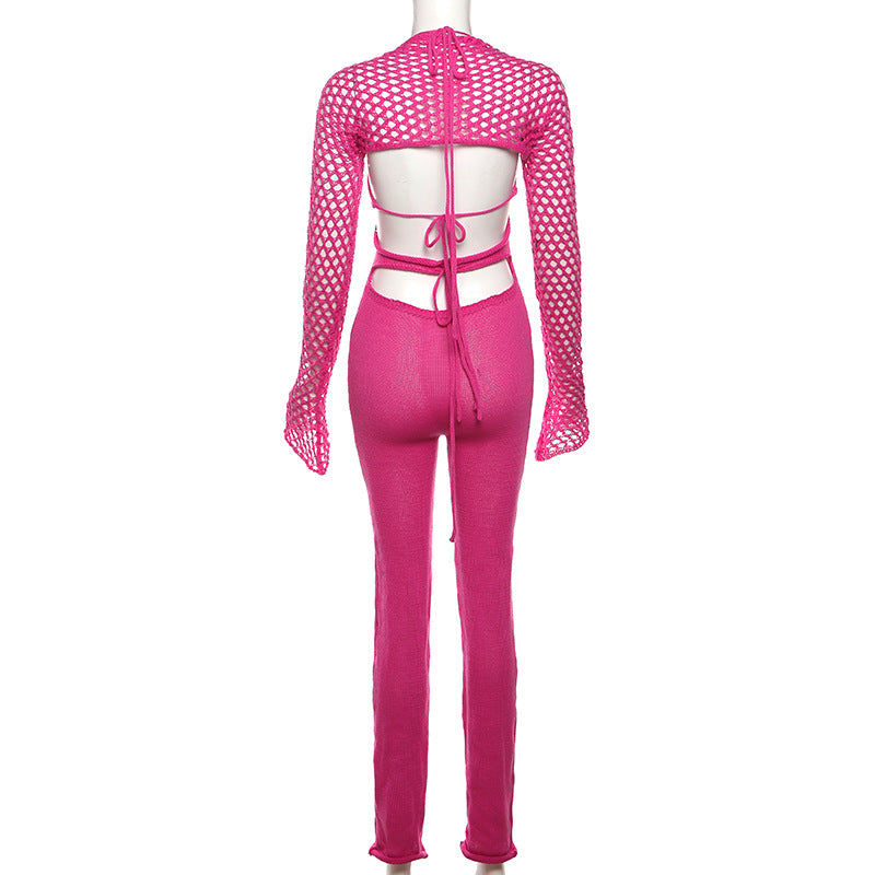 Spring Fashion Style Street Sexy Hollow See-Through High Waist Tight Fitting Low Back Jumpsuit 9