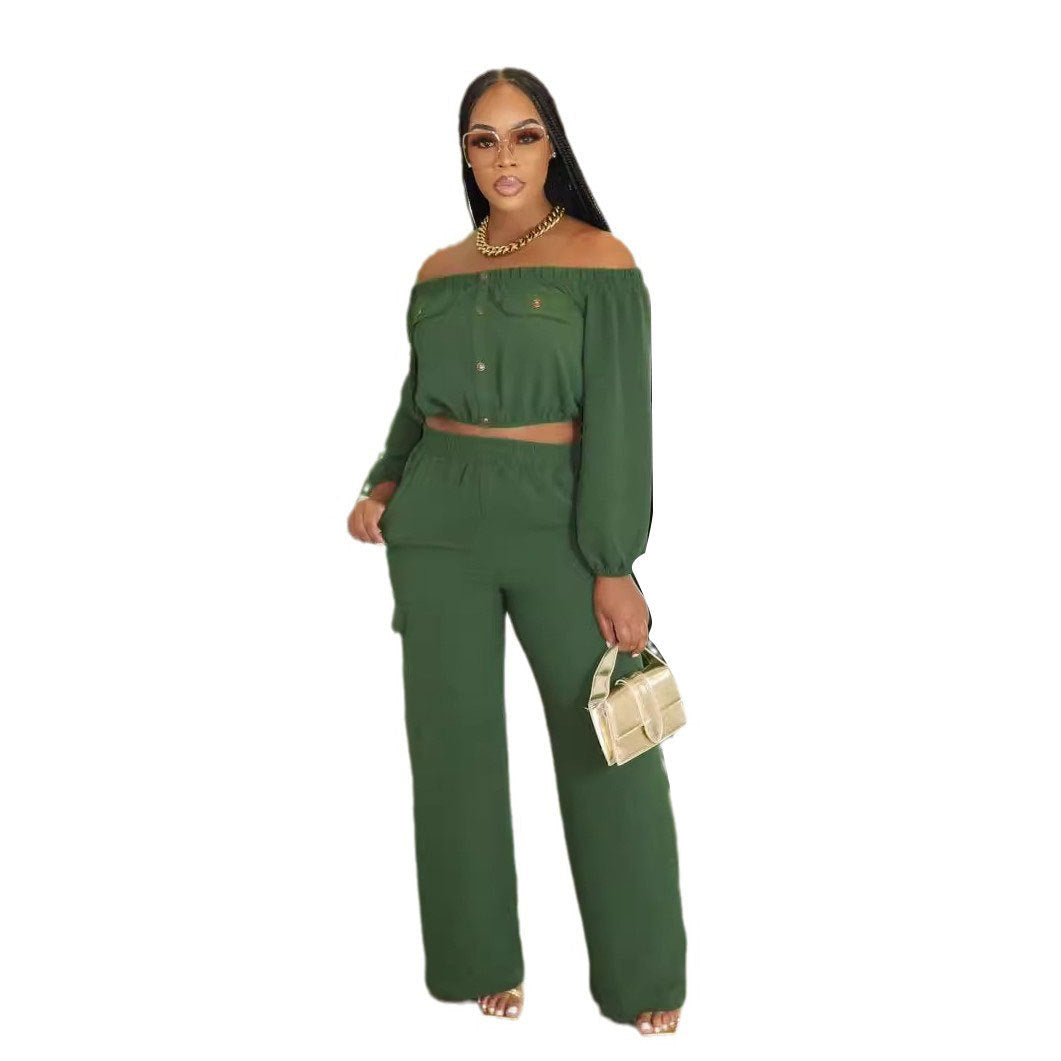 Women Solid Sexy Off Shoulder Long-sleeved Top and Wide-leg Pants Two-piece Set 9